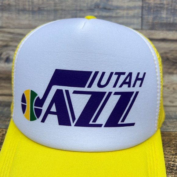 Utah Jazz Mens Trucker Hat Yellow Snapback 1979 Retro Logo Basketball Cap - Picture 3 of 8